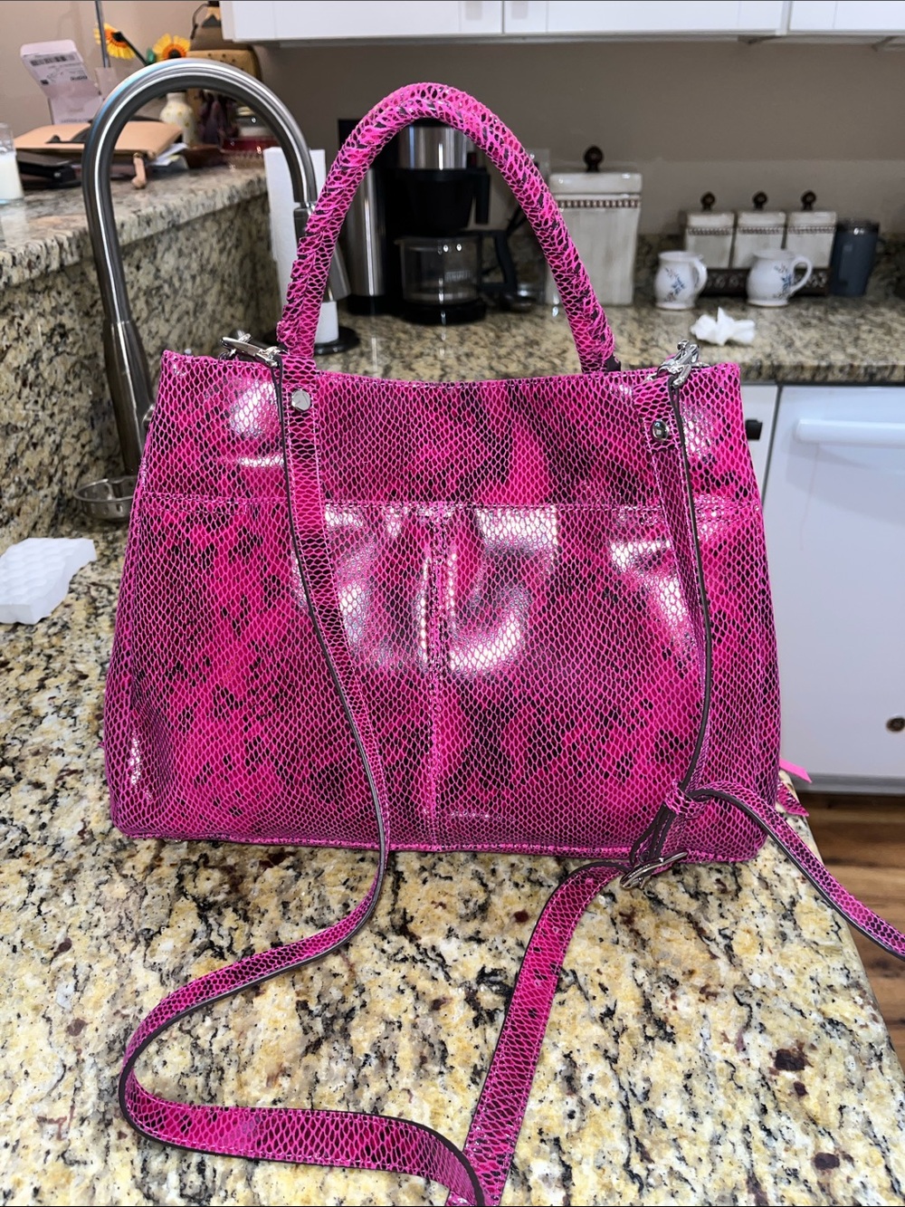 Aimee Kestenberg French leather pink snake print convertible handbag 9.75X13.5 - Picture 2 of 6